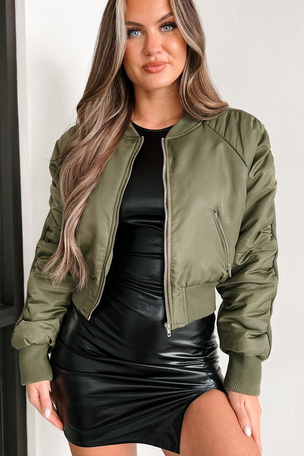 Cool Kid On The Block Puffed Bomber Jacket (Olive) - NanaMacs