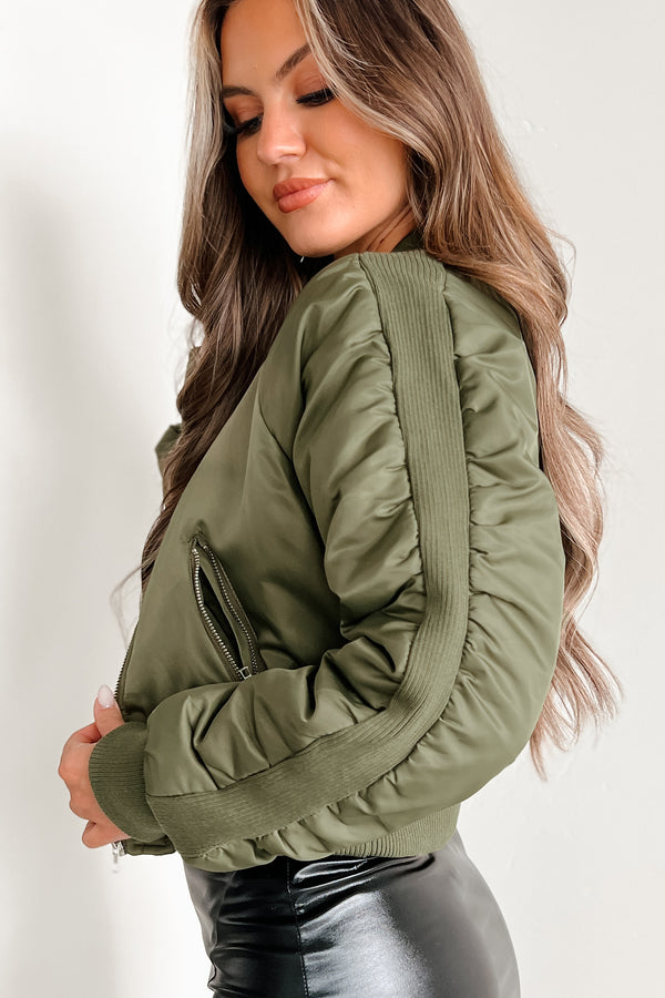 Cool Kid On The Block Puffed Bomber Jacket (Olive) - NanaMacs