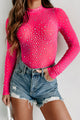 Making People Notice Mesh Rhinestone Bodysuit (Pink) - NanaMacs