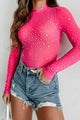 Making People Notice Mesh Rhinestone Bodysuit (Pink) - NanaMacs