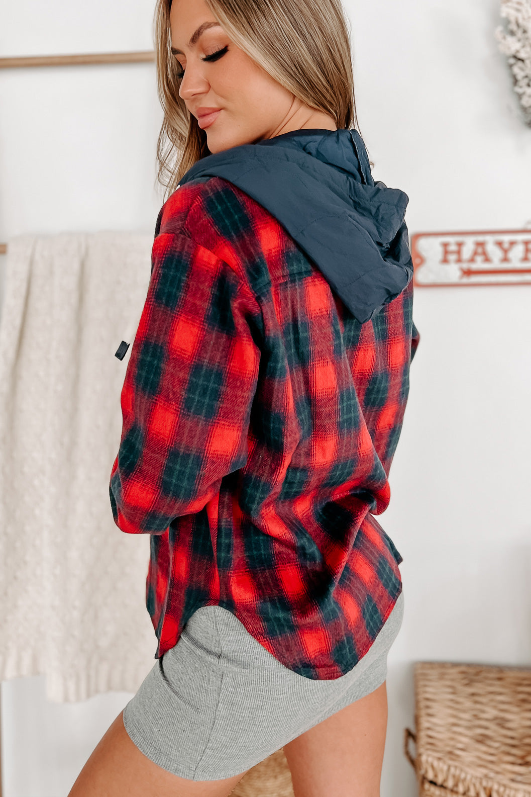 Building The Fire Plaid Hooded Shacket (Red) - NanaMacs