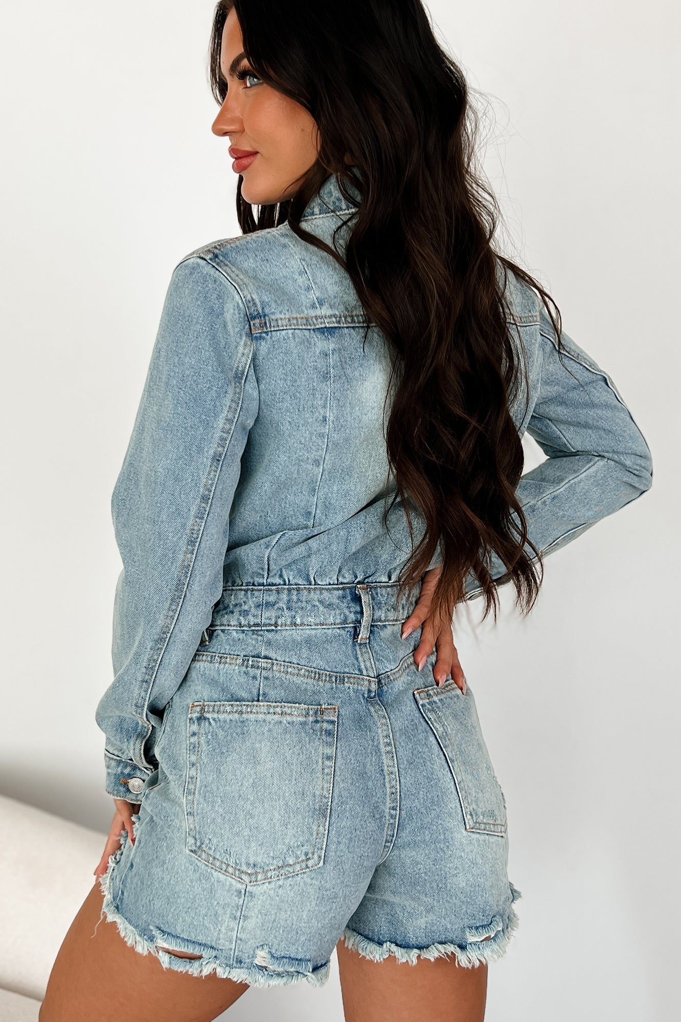 Centralia Long Sleeve Denim Romper (Medium Denim) - NanaMacs