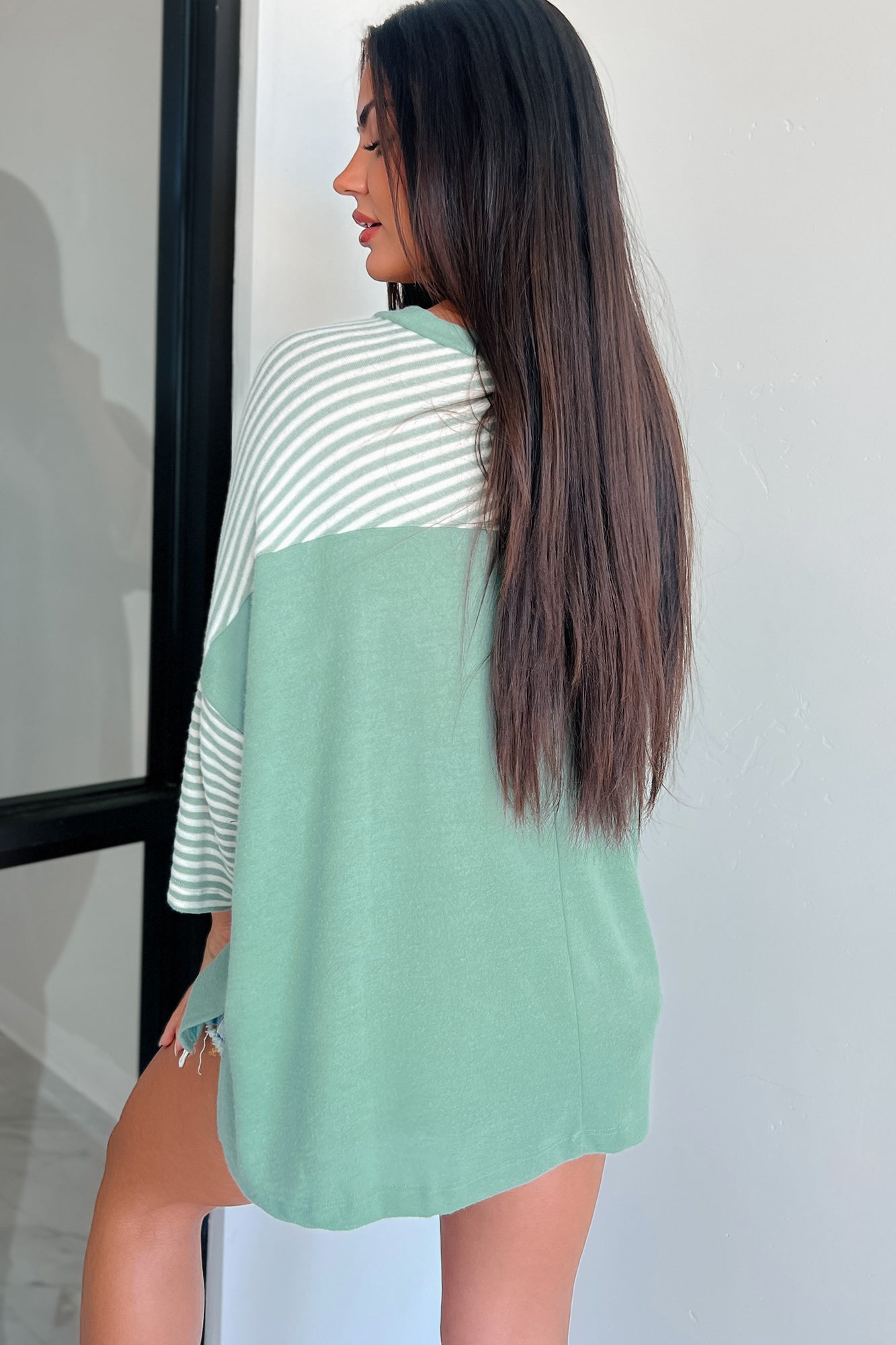 Fun Days Ahead Oversized Colorblock/Stripe Top (Sage) - NanaMacs