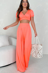 Coastal Getaway Crop Top & Pants Set (Neon Coral) - NanaMacs