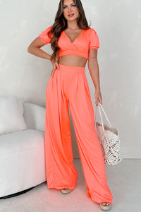 Coastal Getaway Crop Top & Pants Set (Neon Coral) - NanaMacs