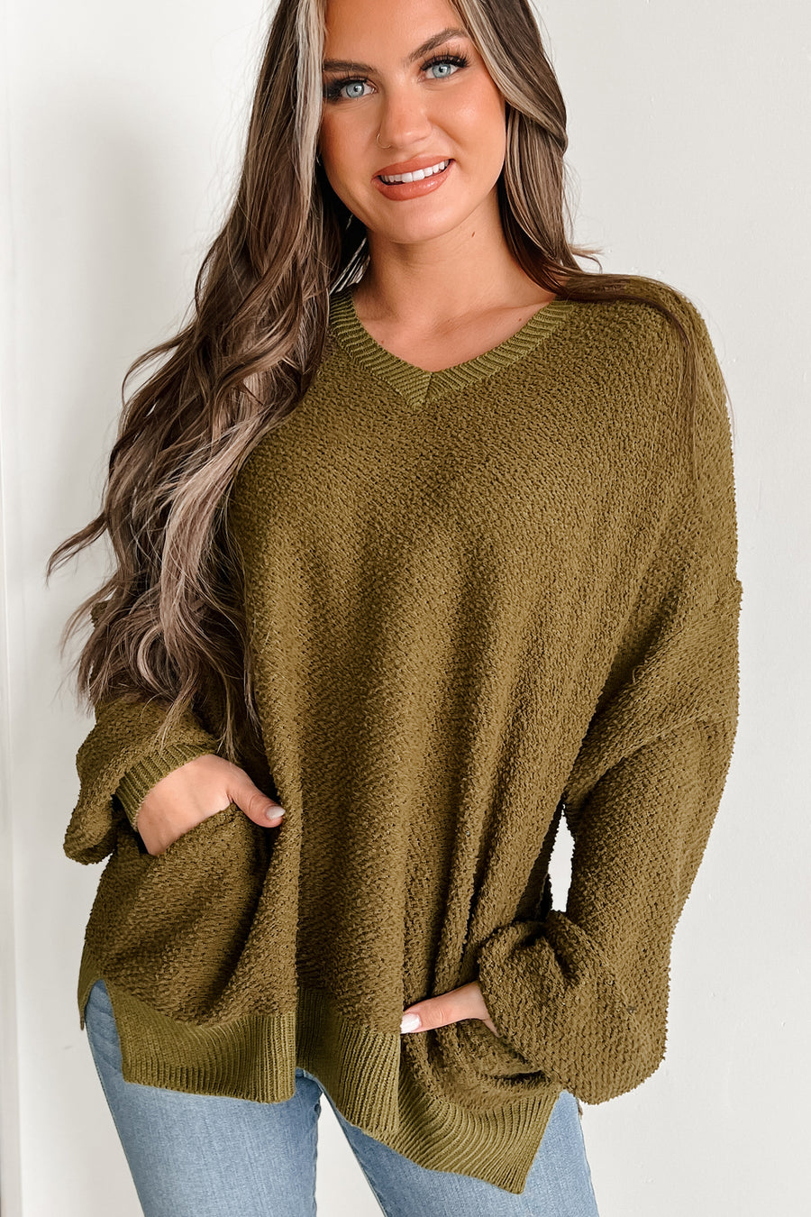Sincerely Snuggly Hooded Popcorn Texture Sweater (Olive) - NanaMacs