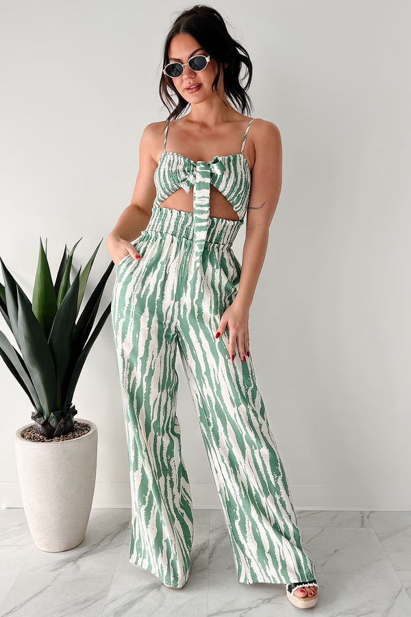 Serene Confidence Smocked Cut-Out Jumpsuit (Sage) - NanaMacs