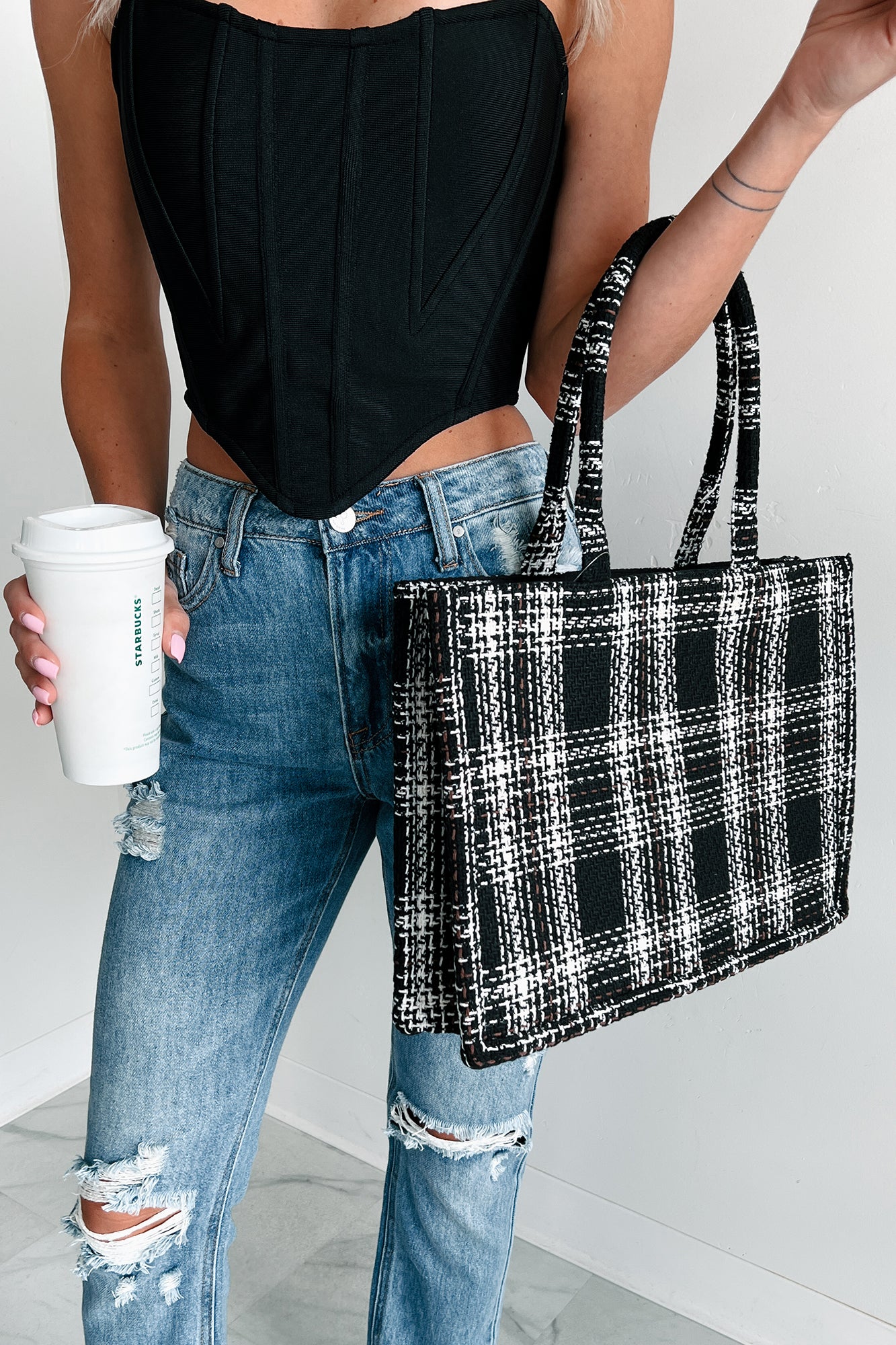 Essence Of Elegance Structured Plaid Tote Bag (Black) - NanaMacs