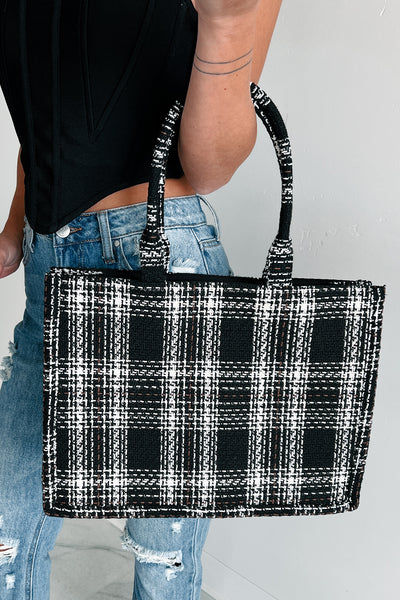 Essence Of Elegance Structured Plaid Tote Bag (Black) - NanaMacs