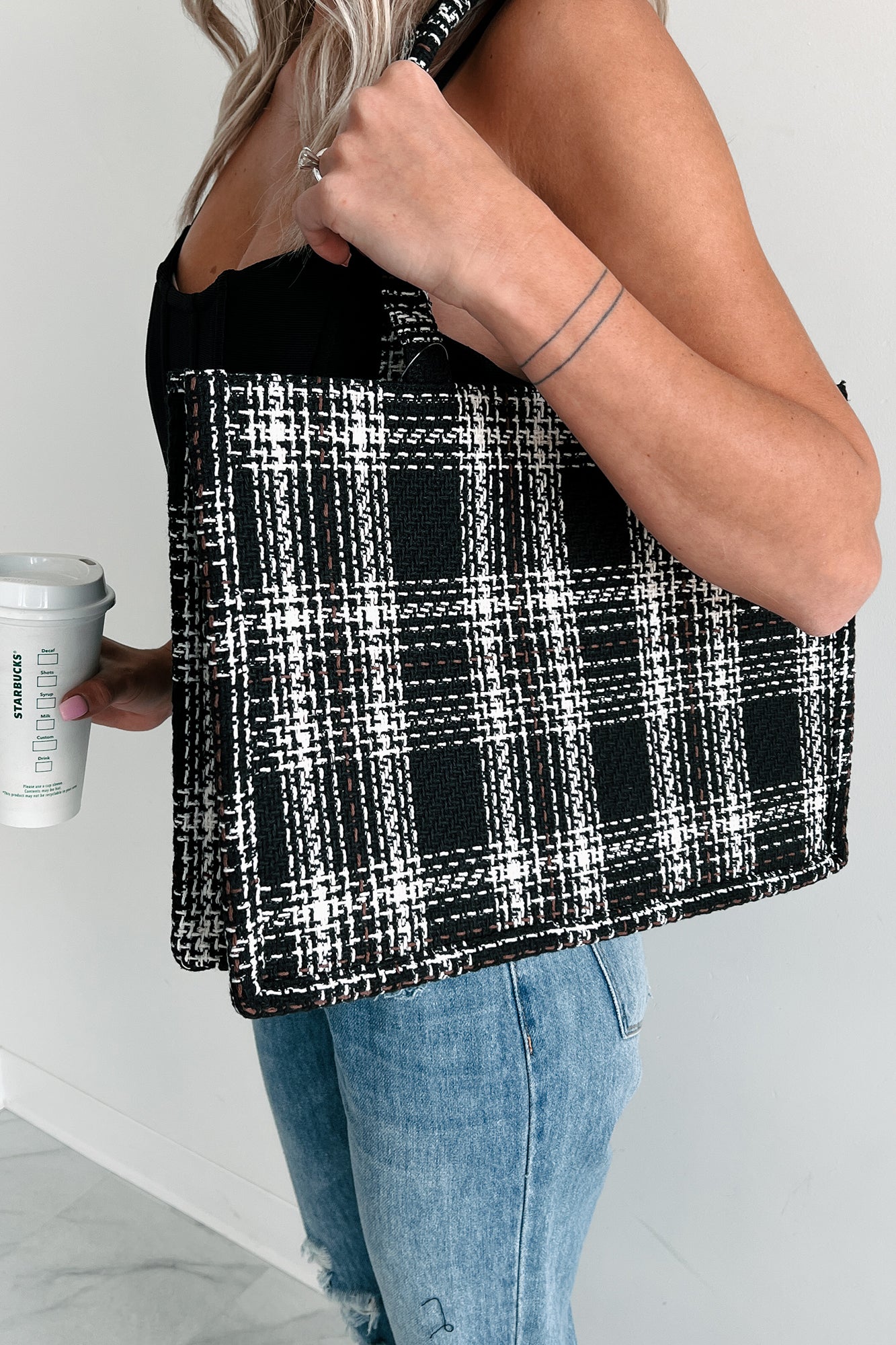 Essence Of Elegance Structured Plaid Tote Bag (Black) - NanaMacs