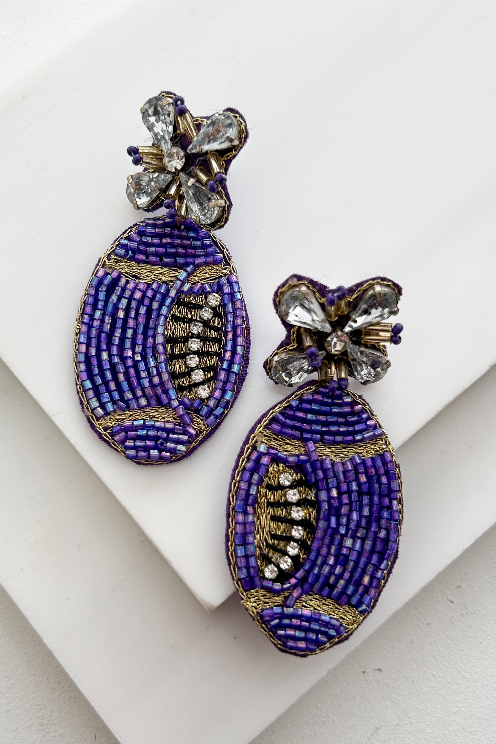 Football Fashion Beaded Rhinestone Football Earrings (Purple) - NanaMacs