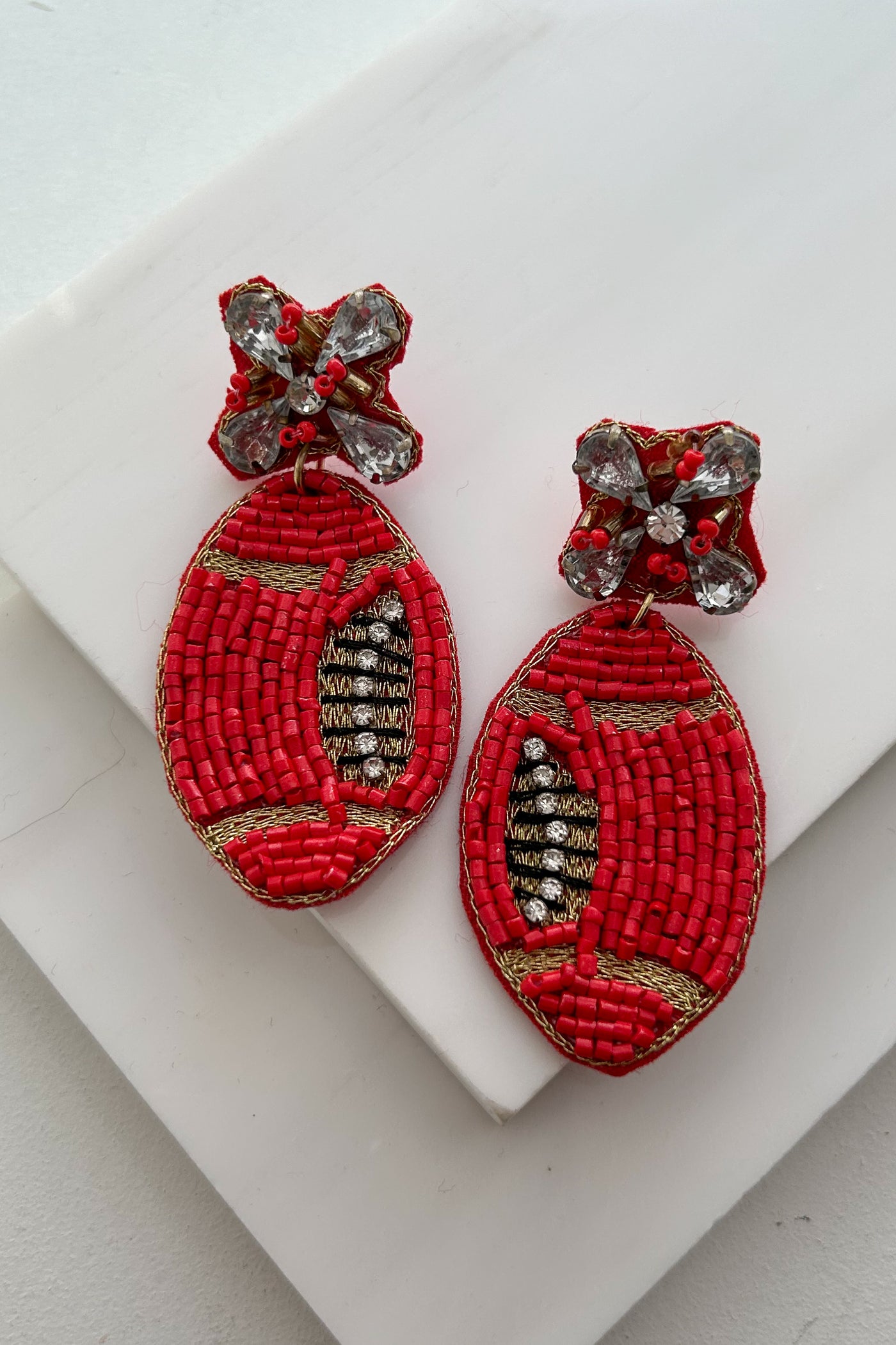 Football Fashion Beaded Rhinestone Football Earrings (Red) - NanaMacs