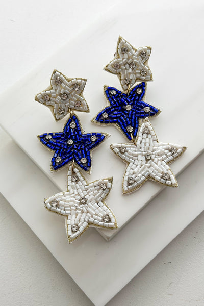 Star Athlete Beaded Star Earrings (White/Blue) - NanaMacs