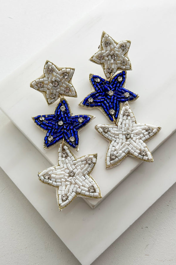 Star Athlete Beaded Star Earrings (White/Blue) - NanaMacs