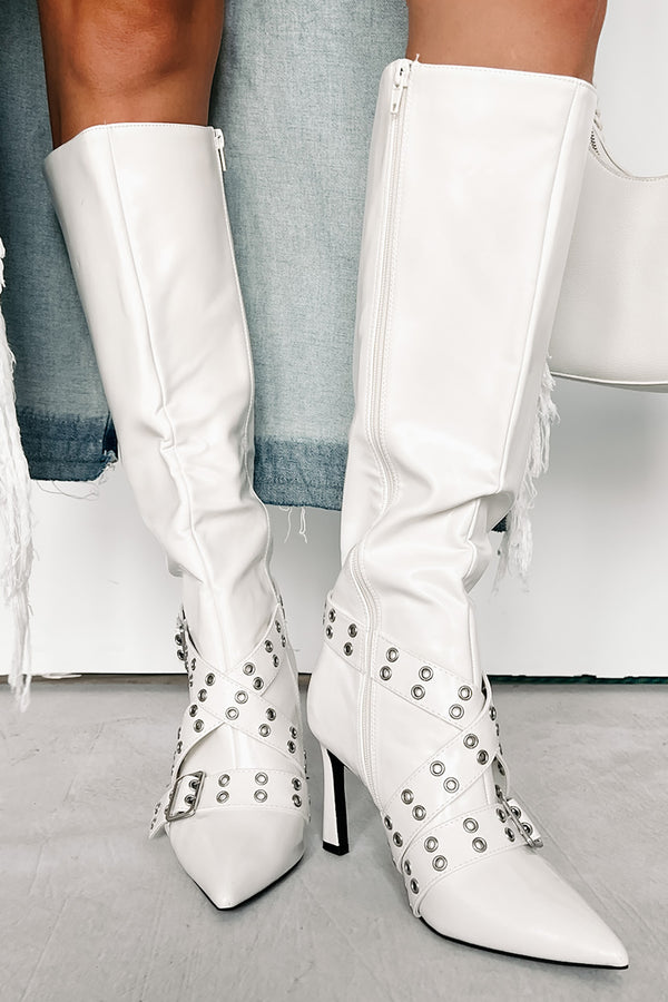 Big Moves Faux Leather Knee High Buckle Boots (White) - NanaMacs