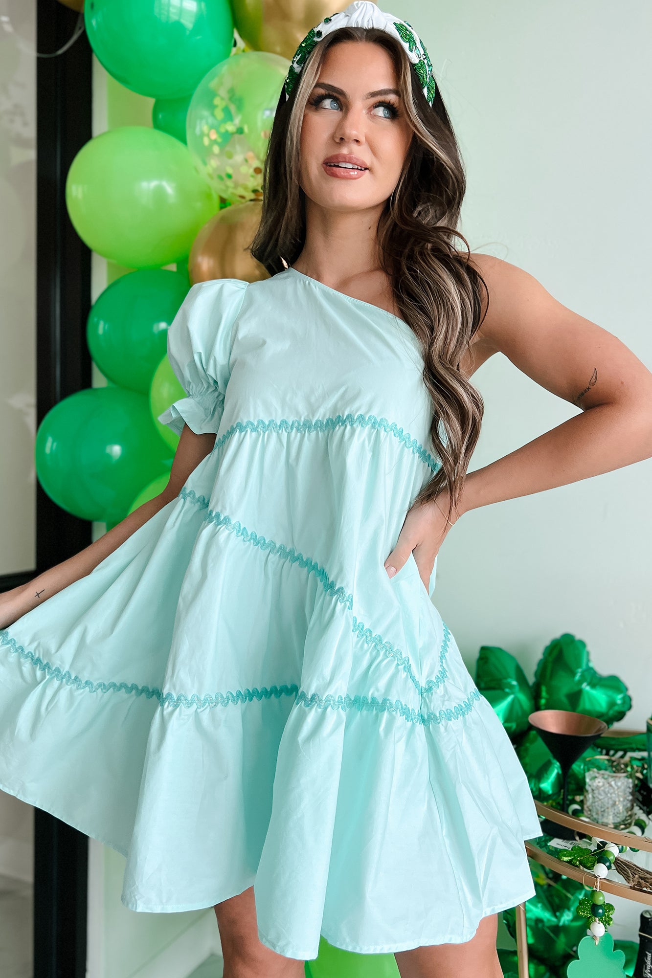 My Kind Of Cute One Shoulder Mini Dress (Light Mint) - NanaMacs