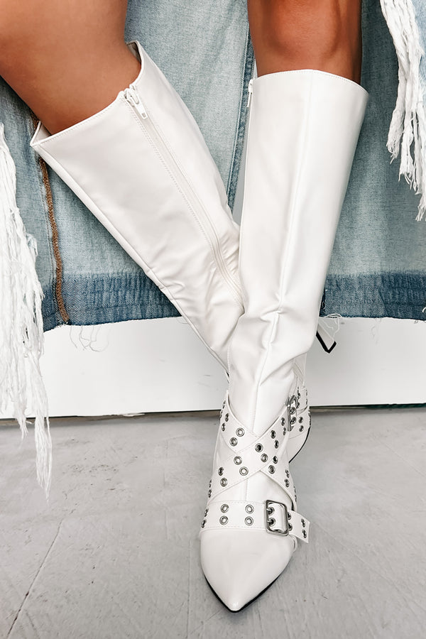 Big Moves Faux Leather Knee High Buckle Boots (White) - NanaMacs