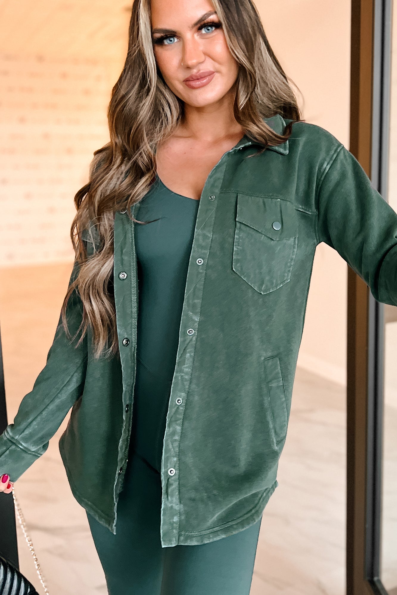 Keeping Positive Snap Button Shacket (Deep Forest) - NanaMacs