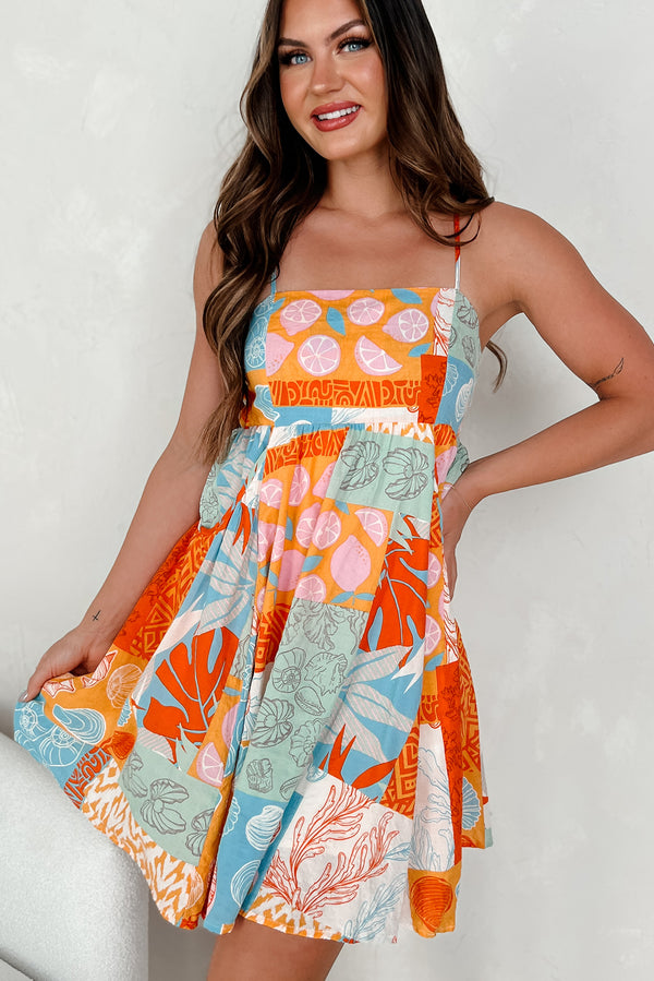 Beachside Babe Seashell Printed Mini Dress (Orange/Blue) - NanaMacs