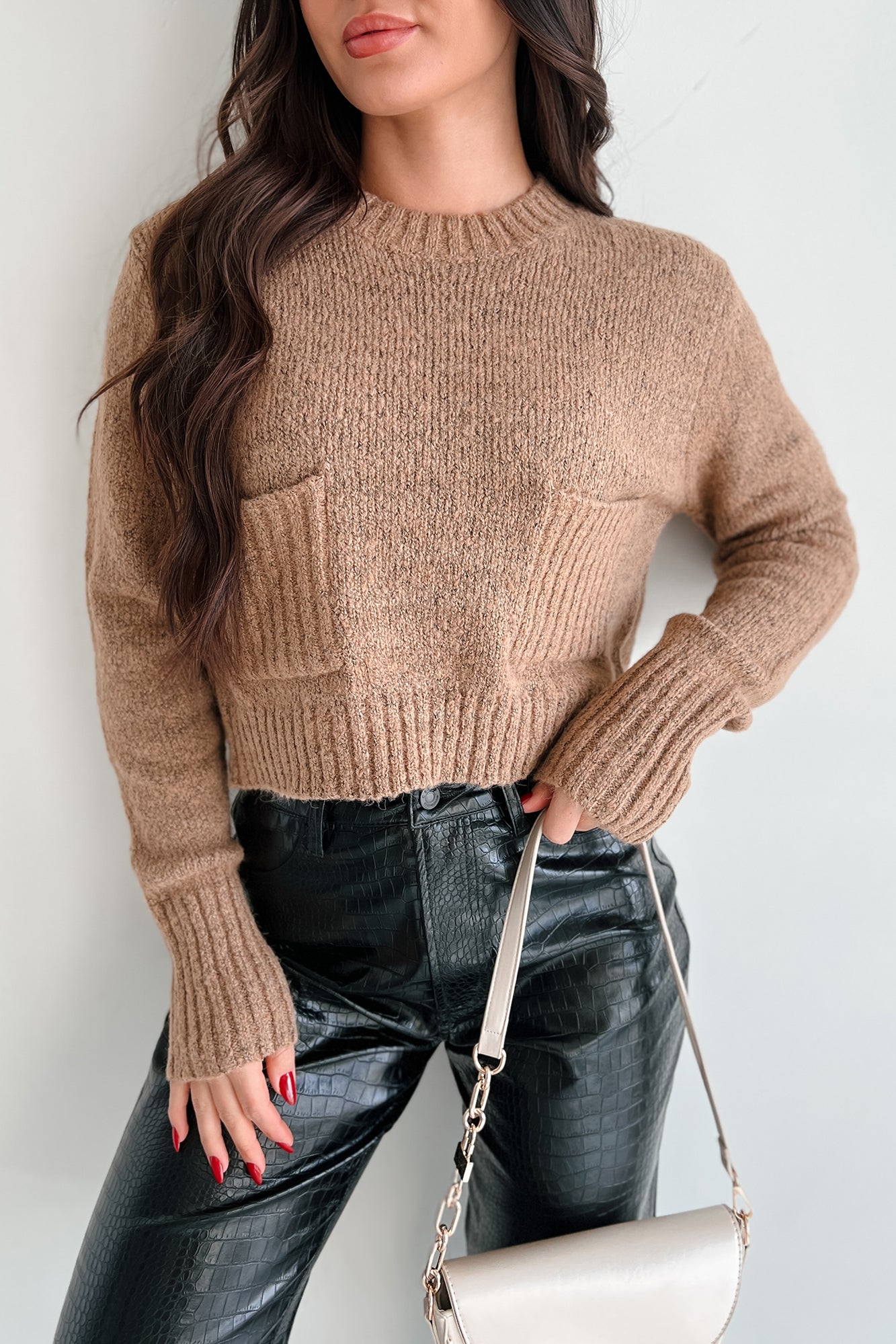 Learning My Worth Pocket Detailed Sweater (Taupe) - NanaMacs