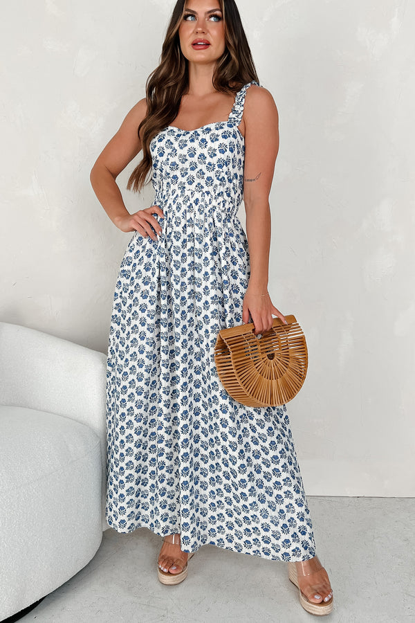 Those Baby Blues Metallic Stripe Floral Maxi Dress (Blue Print) - NanaMacs