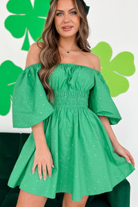 Catriona Off The Shoulder Rhinestone Detail Mini Dress (Green) - NanaMacs