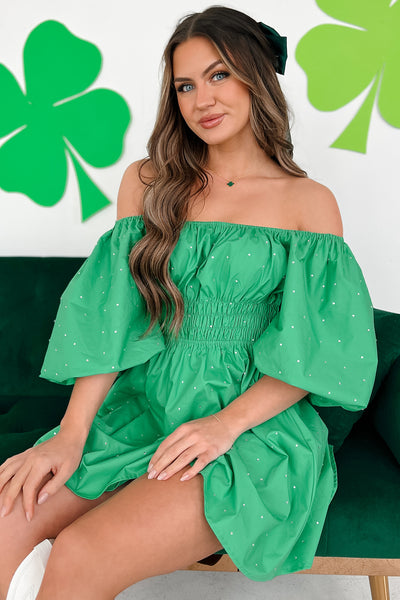 Catriona Off The Shoulder Rhinestone Detail Mini Dress (Green) - NanaMacs