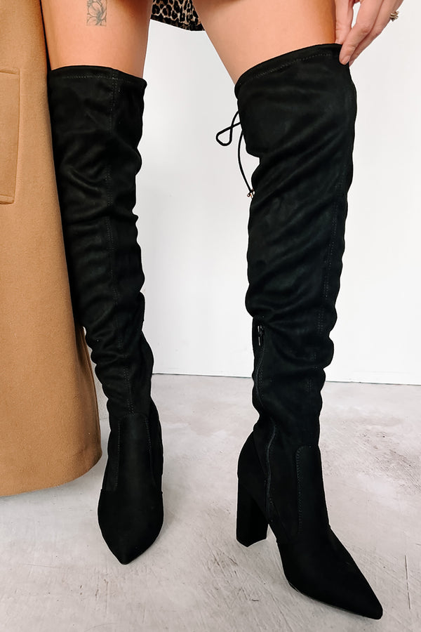 Brand New Attitude Faux Suede Thigh High Boots (Black) - NanaMacs