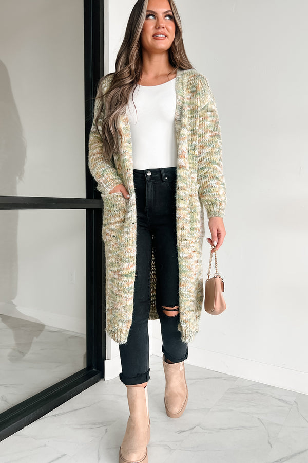 Lost In A Novel Open Front Multi-Colored Cardigan (Olive Multi) - NanaMacs