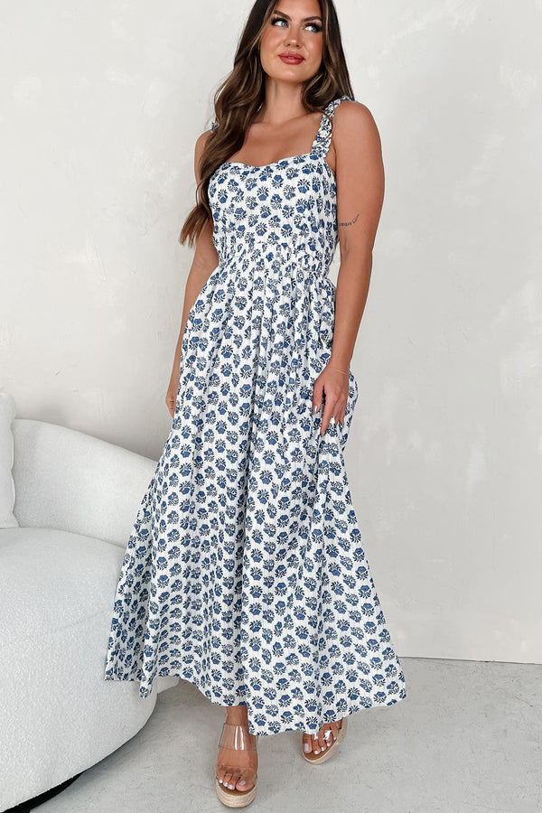 Those Baby Blues Metallic Stripe Floral Maxi Dress (Blue Print) - NanaMacs