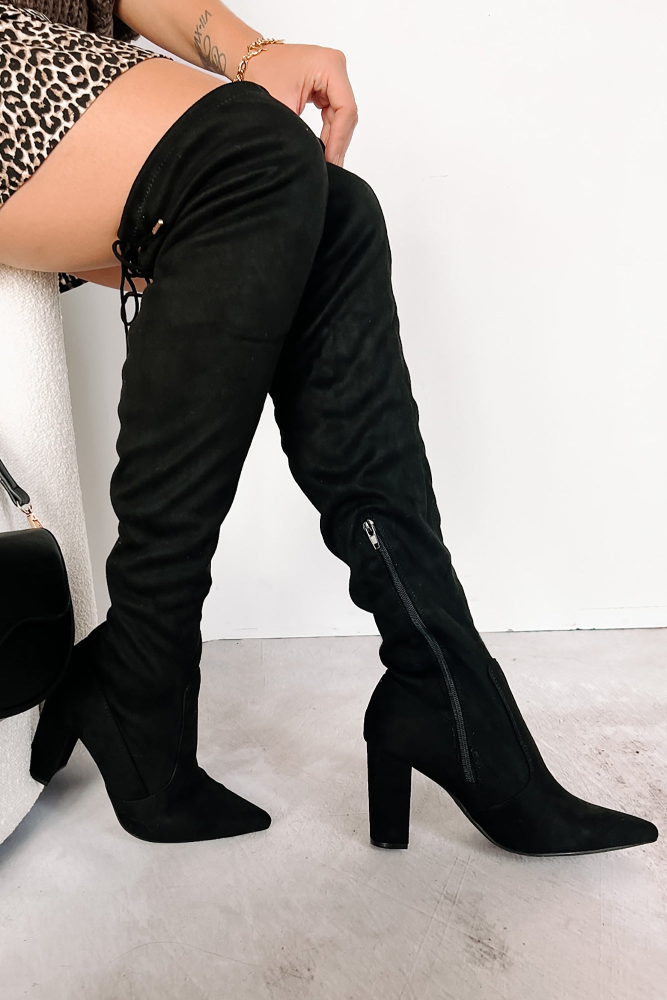 Brand New Attitude Faux Suede Thigh High Boots (Black) - NanaMacs