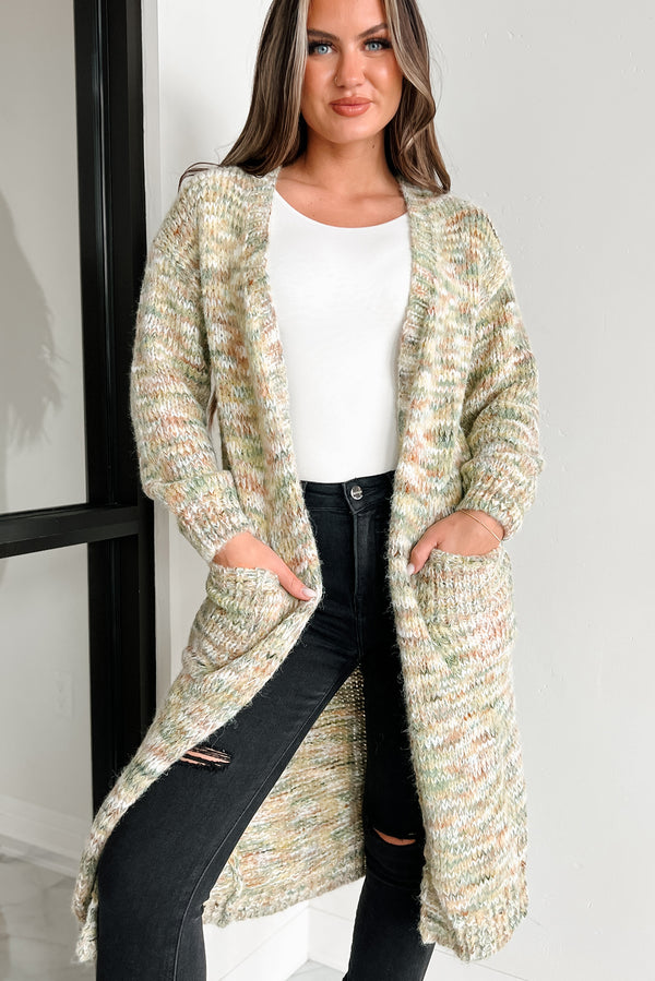 Lost In A Novel Open Front Multi-Colored Cardigan (Olive Multi) - NanaMacs