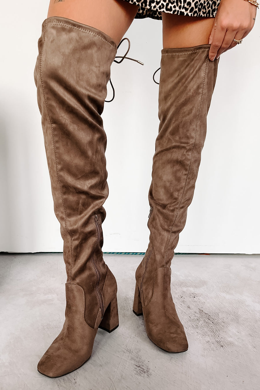 Pay Close Attention Faux Suede Thigh High Boots (Taupe) - NanaMacs