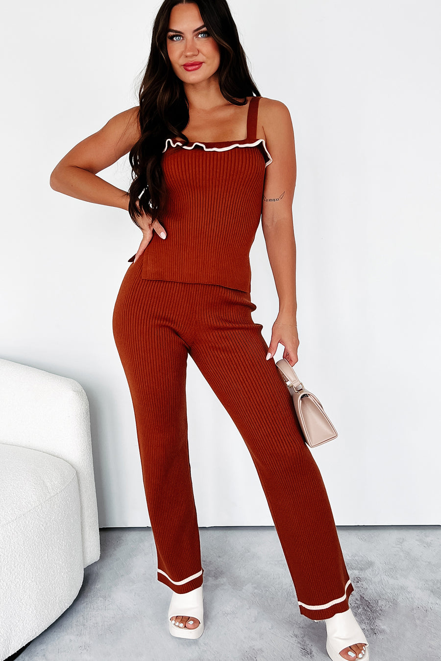 Crisp Leaves Ribbed Knit Straight Leg Pant (Rust) - NanaMacs