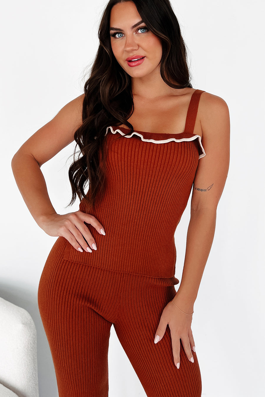 Crisp Leaves Ribbed Knit Tank Top (Rust) - NanaMacs