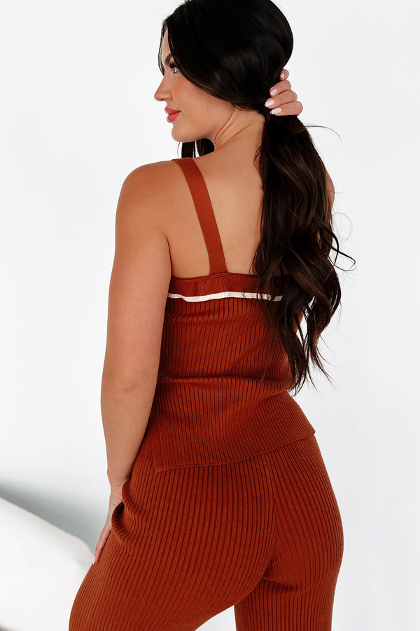 Crisp Leaves Ribbed Knit Tank Top (Rust) - NanaMacs