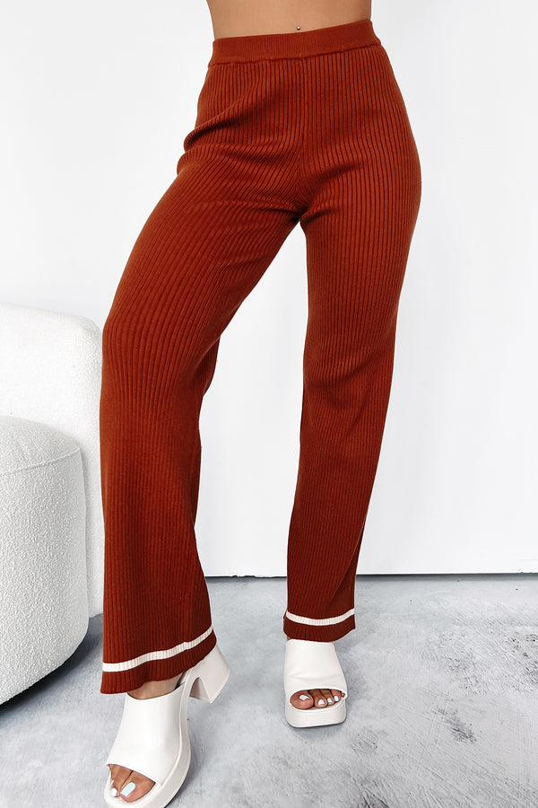 Crisp Leaves Ribbed Knit Straight Leg Pant (Rust) - NanaMacs