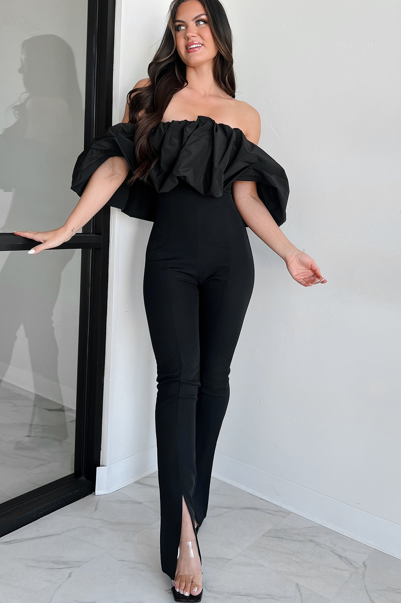 Too Complicated Off The Shoulder Jumpsuit (Black) - NanaMacs