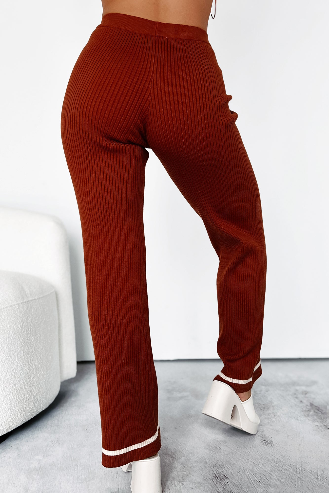 Crisp Leaves Ribbed Knit Straight Leg Pant (Rust) - NanaMacs