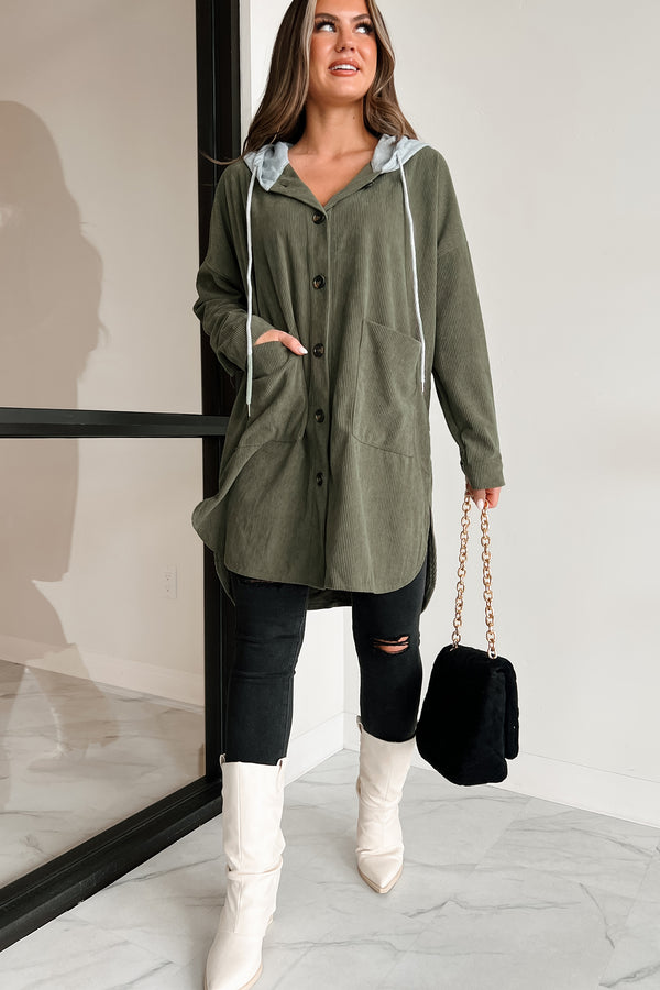 Ours For The Taking Oversized Hooded Corduroy Shacket (Olive) - NanaMacs