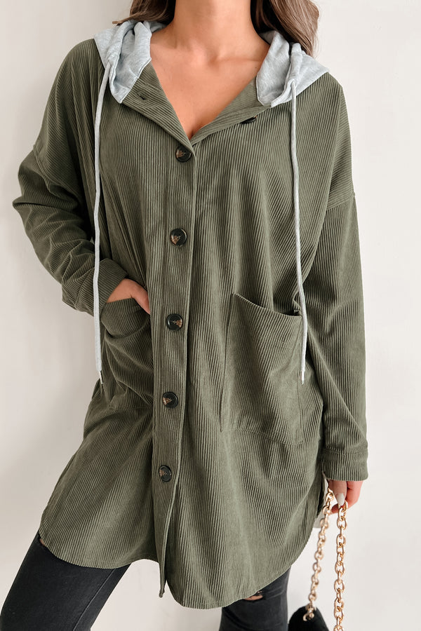 Ours For The Taking Oversized Hooded Corduroy Shacket (Olive) - NanaMacs