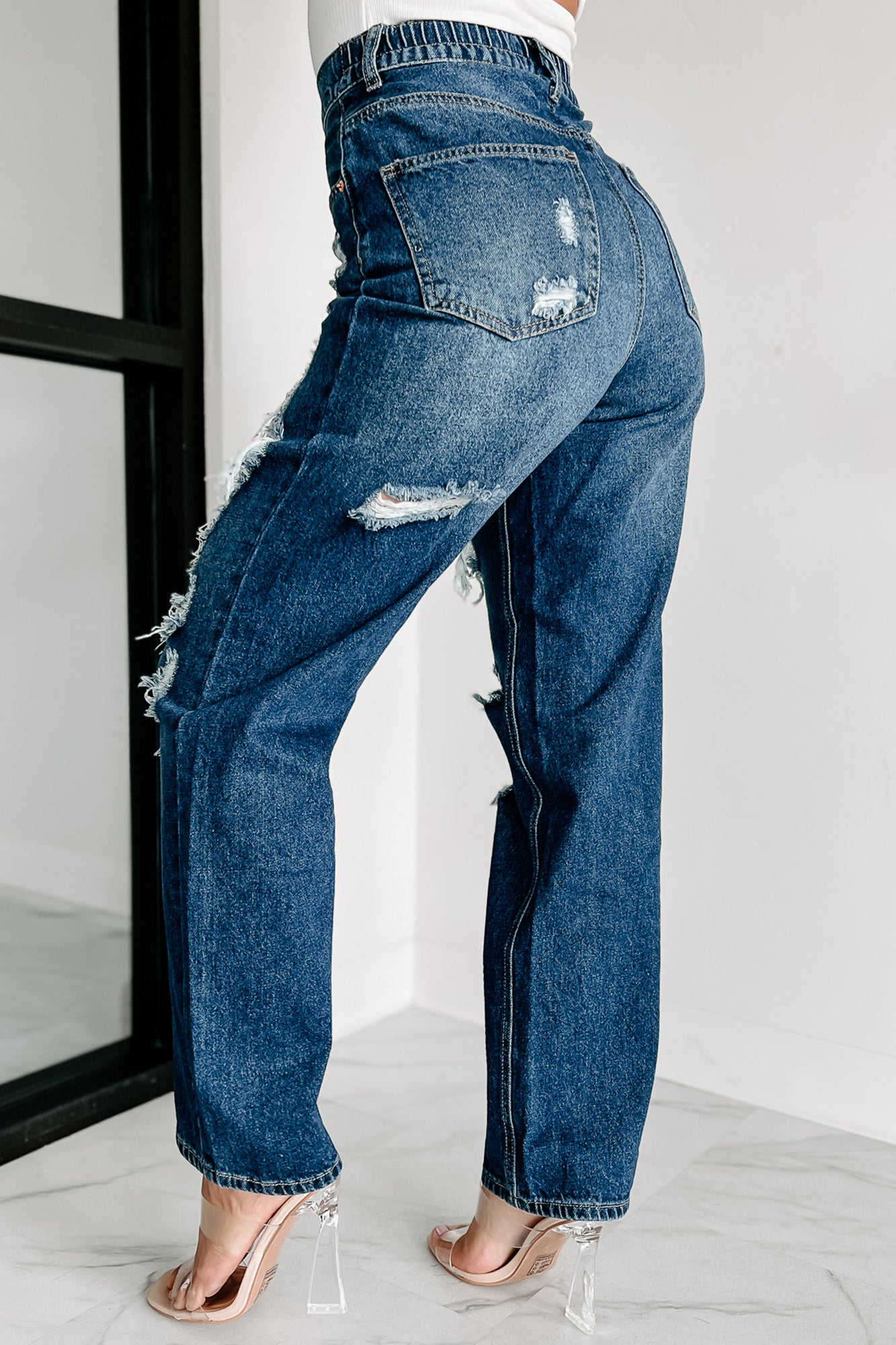 For A Change High Rise Distressed Wide Leg Jeans (Dark) · NanaMacs