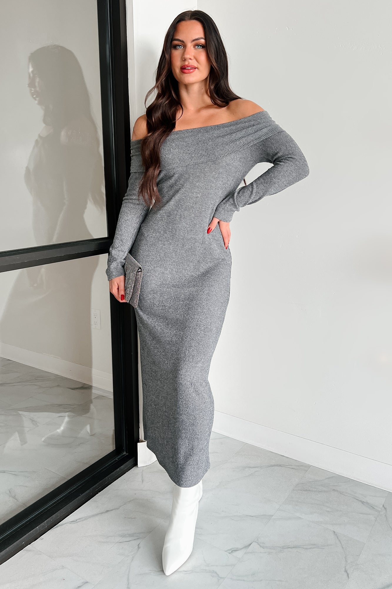 Tanya Off The Shoulder Sweater Maxi Dress (Heather Grey) · NanaMacs