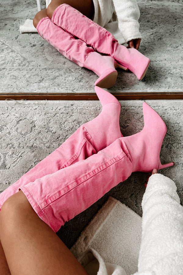 My Single Days Heeled Denim Boots (Pink Denim) - NanaMacs