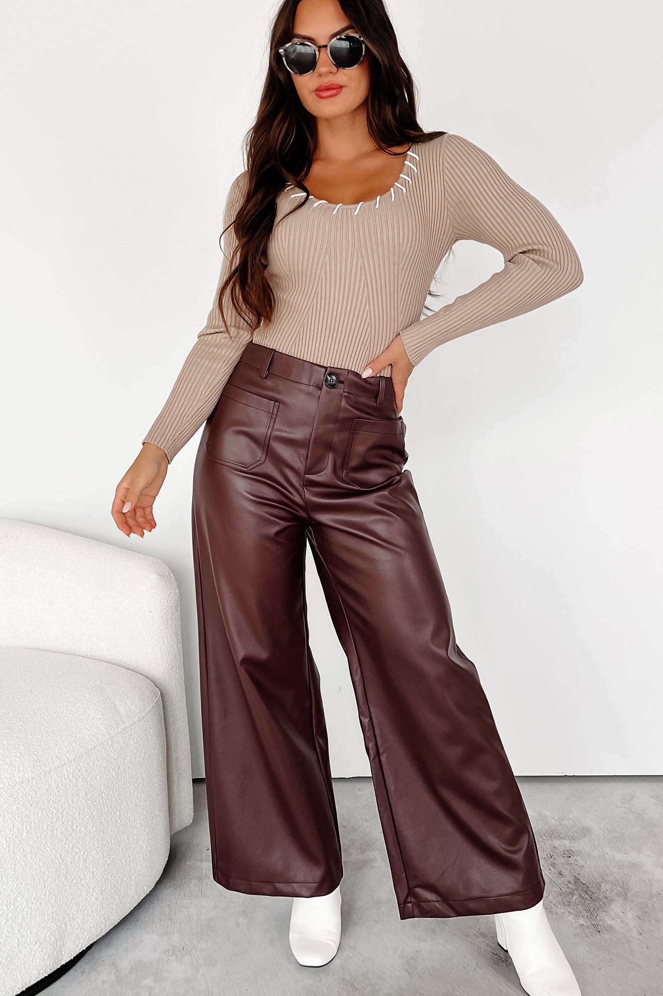 More Than Usual Wide-Leg Faux Leather Pant (Chocolate) - NanaMacs