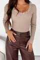 Something Different Ribbed Long Sleeve Bodysuit (Taupe/White) - NanaMacs