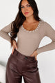 Something Different Ribbed Long Sleeve Bodysuit (Taupe/White) - NanaMacs