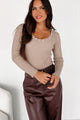 Something Different Ribbed Long Sleeve Bodysuit (Taupe/White) - NanaMacs