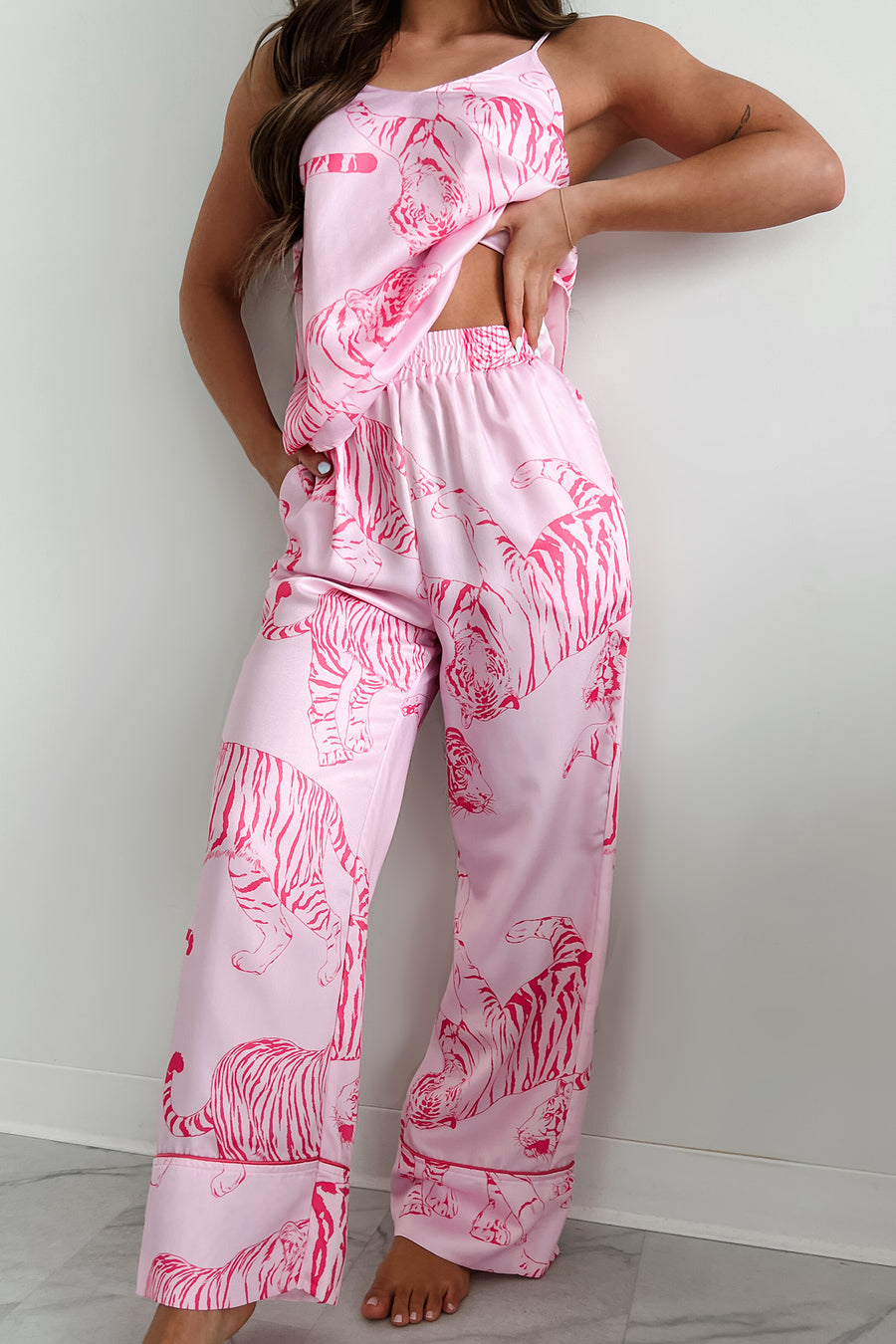 Feeling Catty Tiger Print Satin Pajama Set (Pink) - NanaMacs