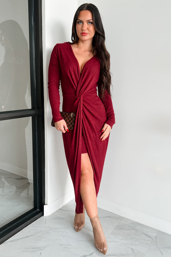 Shoot Your Shot Twist Knot High-Low Dress (Dark Marsala)